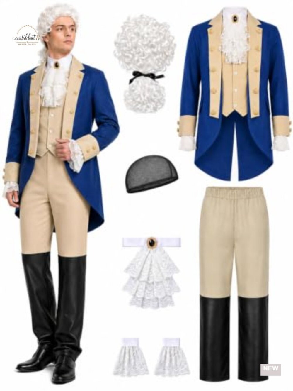 Men's 7PC Colonial Founding Fathers Costume Set Wig Lace Cuffs